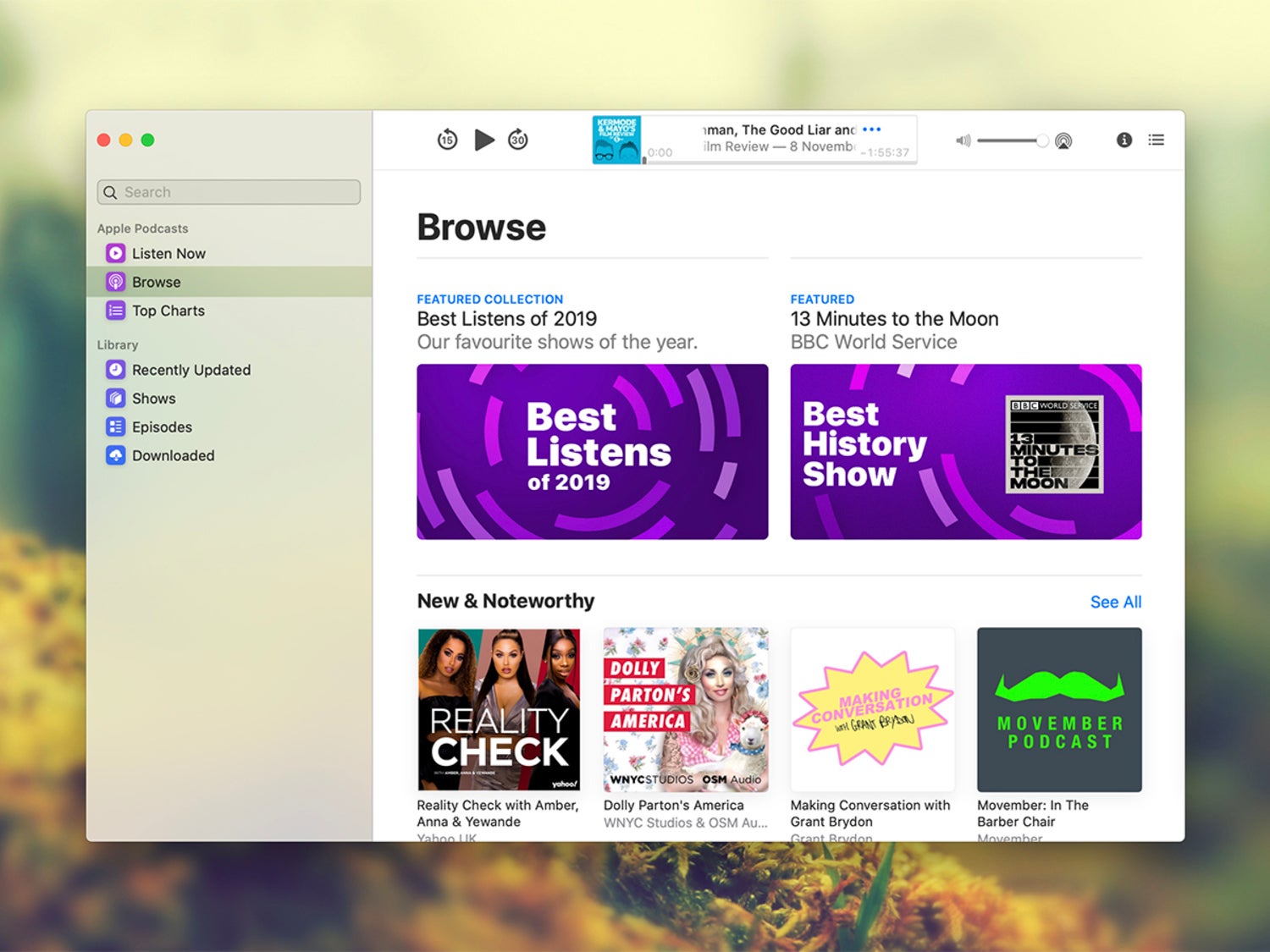 La aplicación Podcasts de Apple en una computadora macOS, que muestra la función de búsqueda para encontrar podcasts