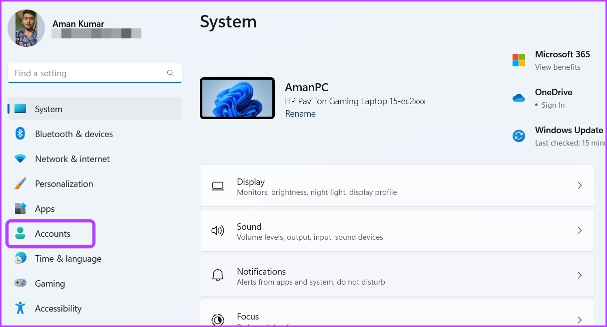 Opción de cuenta en Configuración