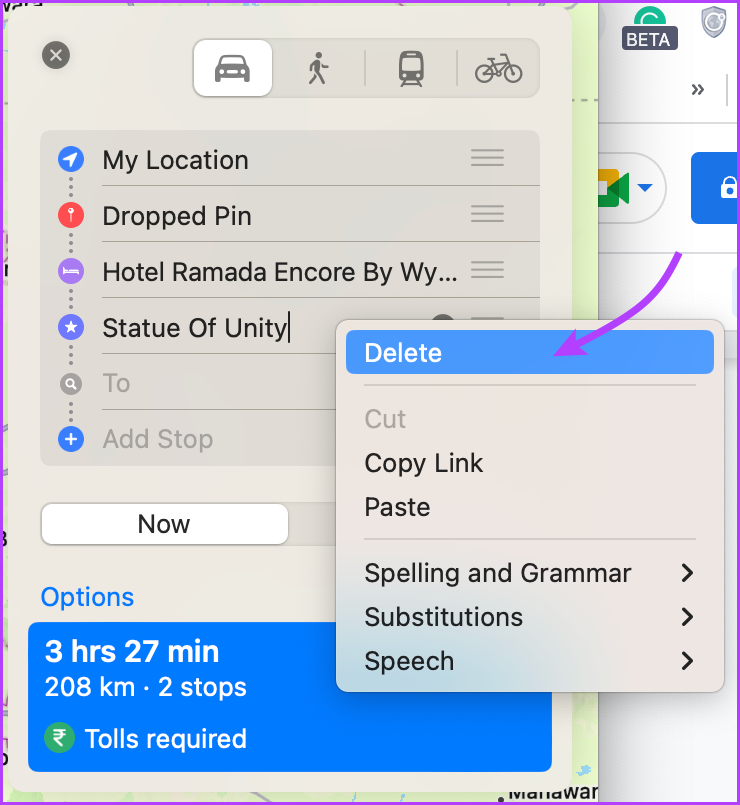 Haga clic en Eliminar para eliminar paradas de Apple Maps 