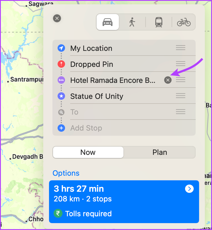 Haga clic en la X para eliminar la parada en Apple Maps 