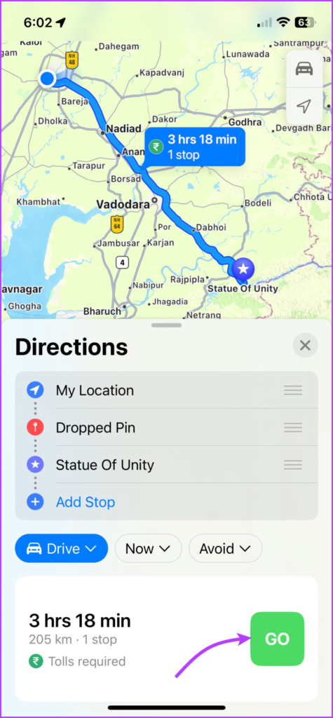 Toque Ir para iniciar la navegación en Apple Maps