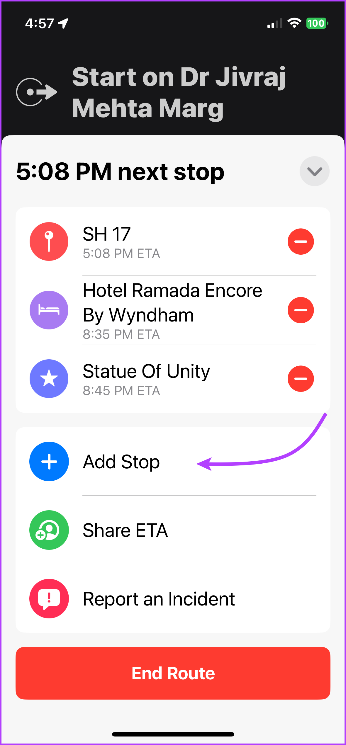 Toque Agregar paradas para crear una ruta de varias paradas en Apple Maps