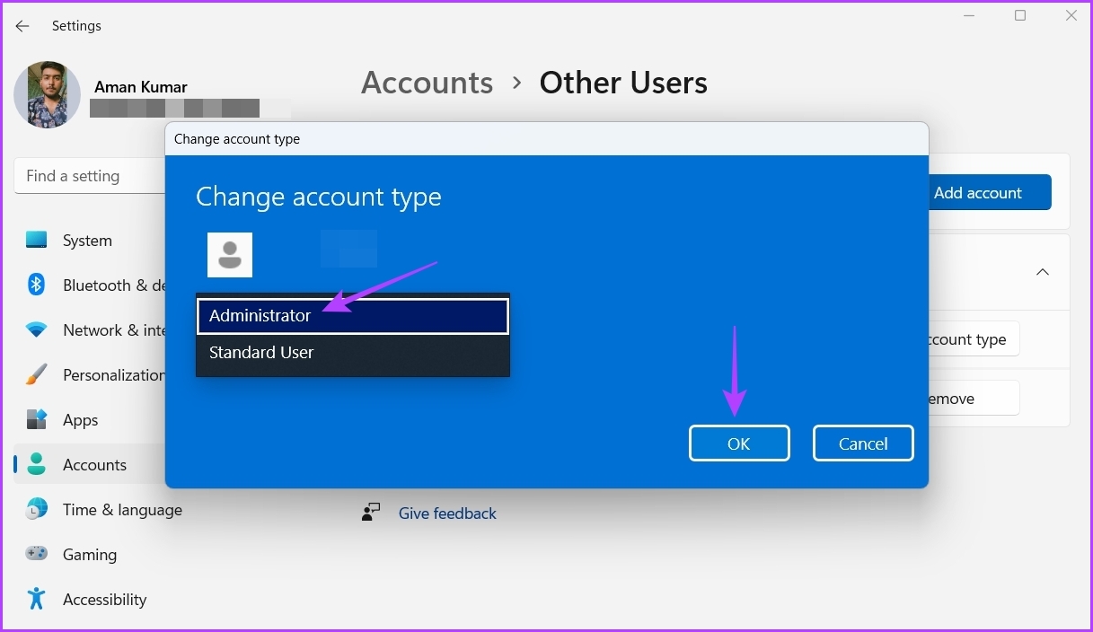 Opción de administrador en la configuración