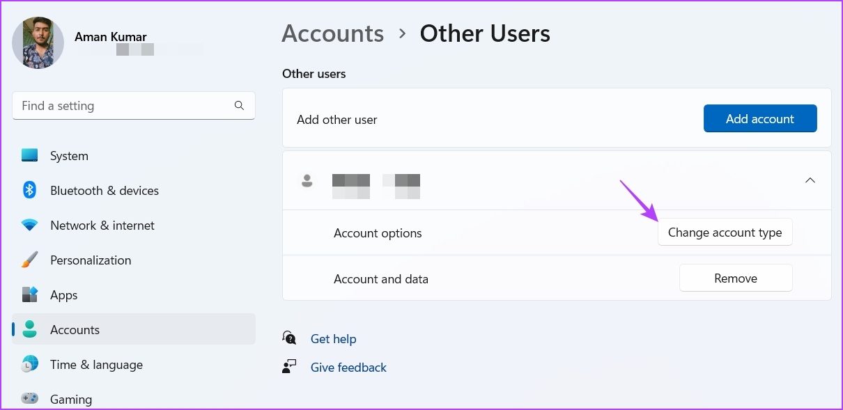 Cambie la opción Tipo de cuenta en Configuración