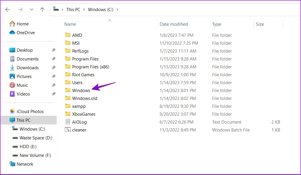 Selección de la carpeta de Windows en la unidad del sistema operativo