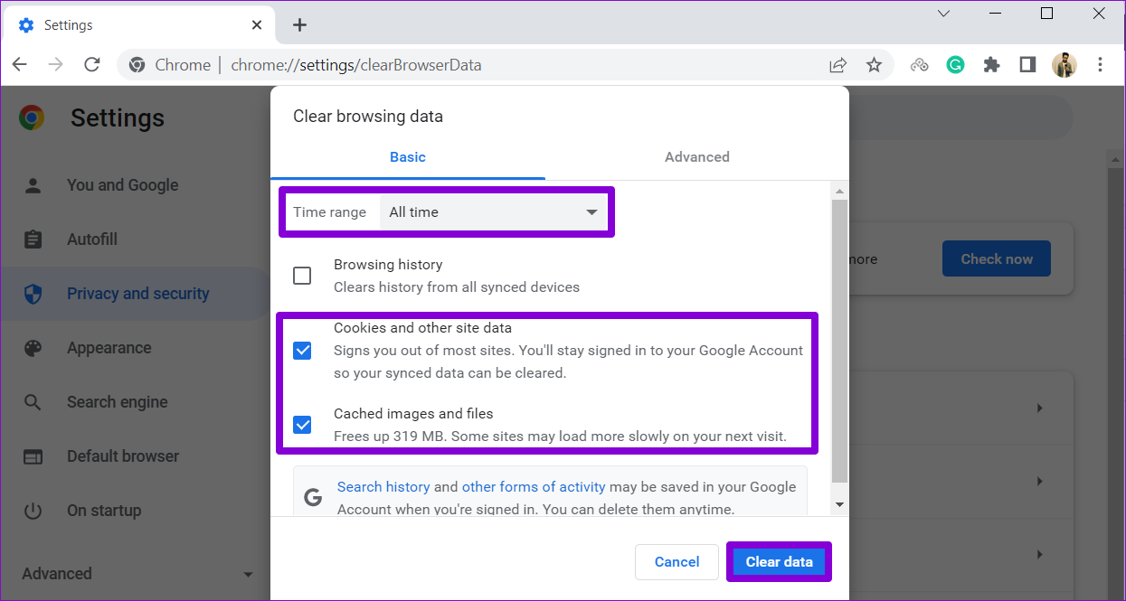 Borrar caché y cookies en Chrome