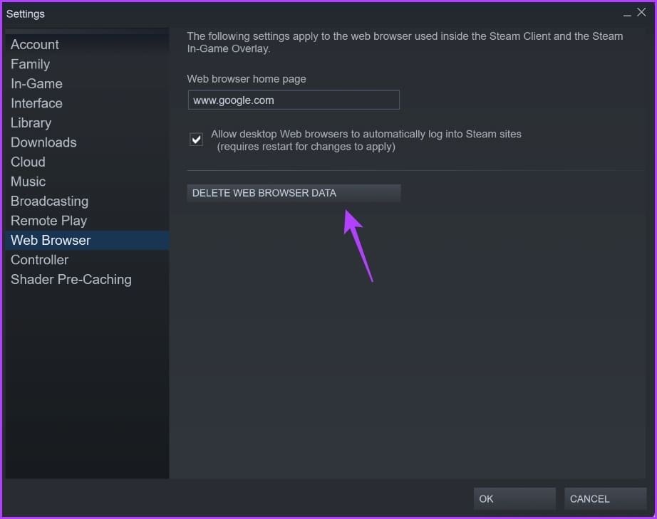 _Opción Eliminar datos del navegador web en el cliente Steam