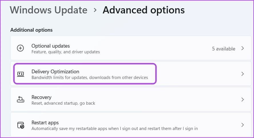 Opción de optimización de entrega en el menú de configuración