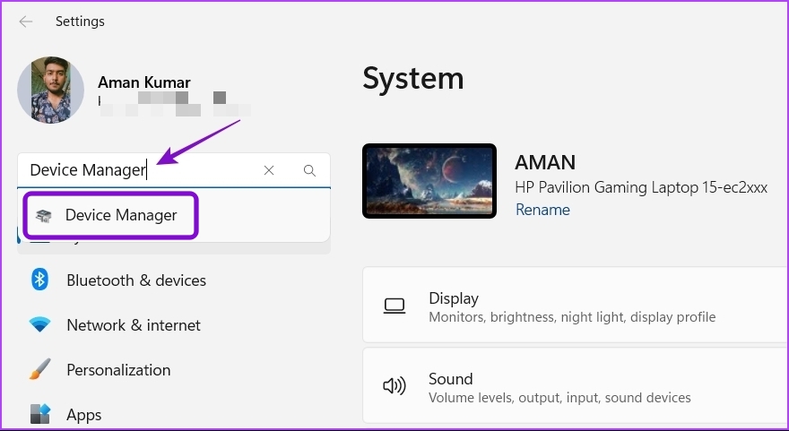 Seleccionar Administrador de dispositivos en Configuración