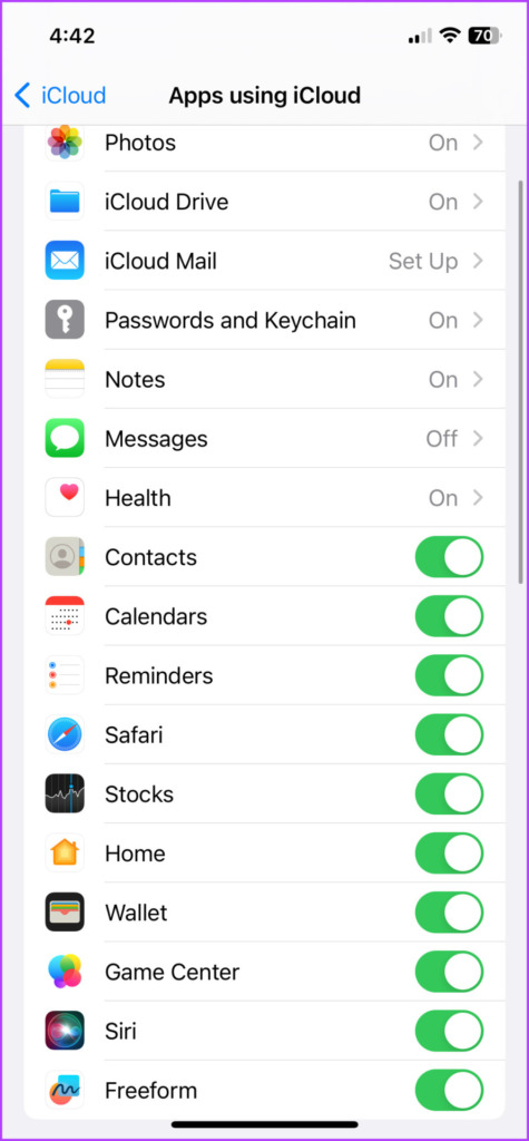 Toggle on the app to enable iCloud sync