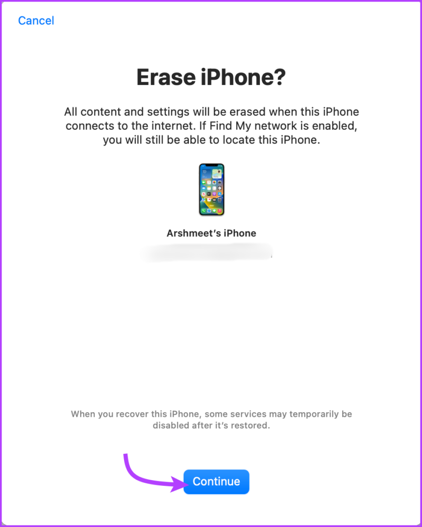 Toque Continuar para eliminar el dispositivo de Find My