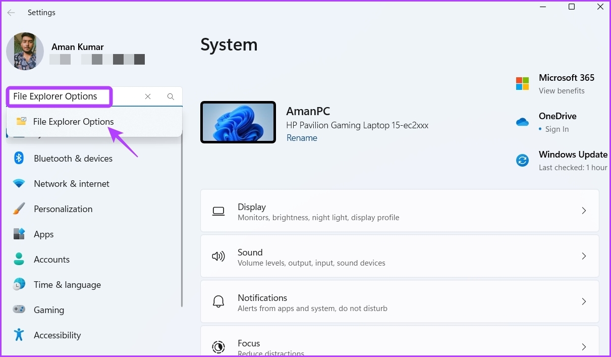Escriba las opciones del Explorador de archivos en Configuración