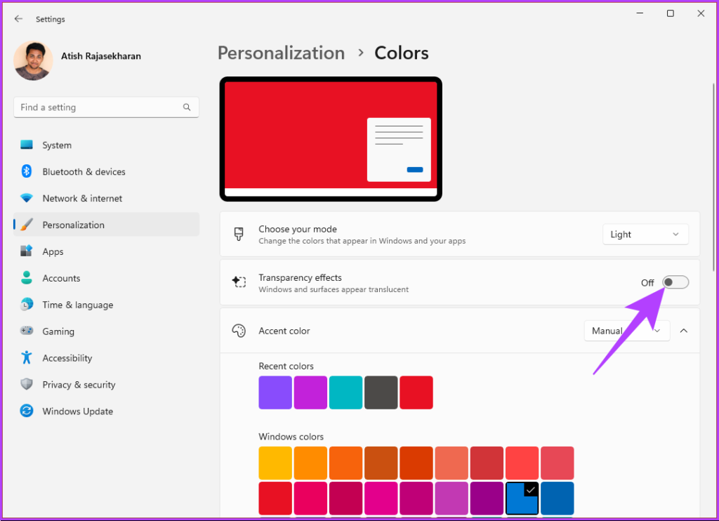 Toggle off Transparency effects