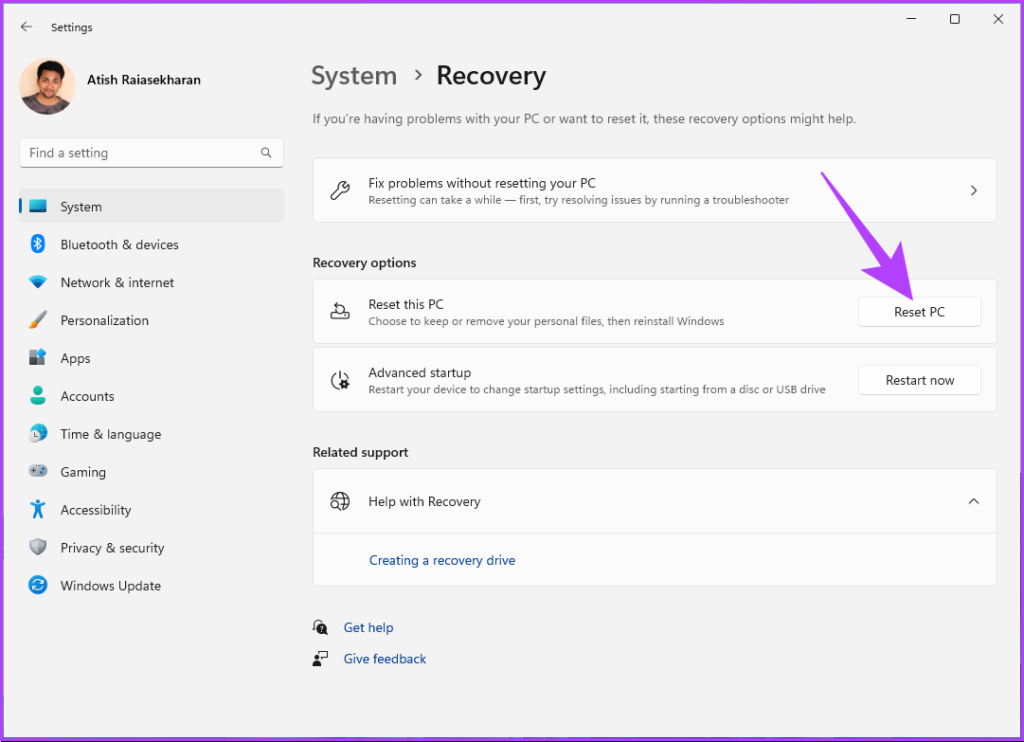 click on the Reset PC button