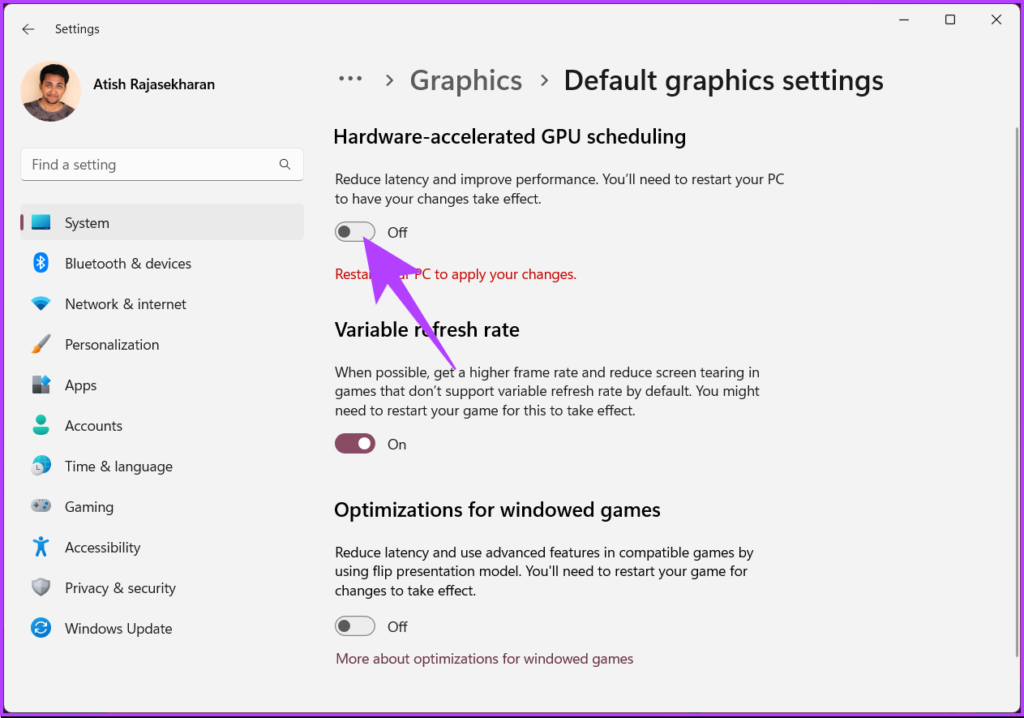 Toggle off the ‘Hard-ware-accelerated GPU scheduling’ option