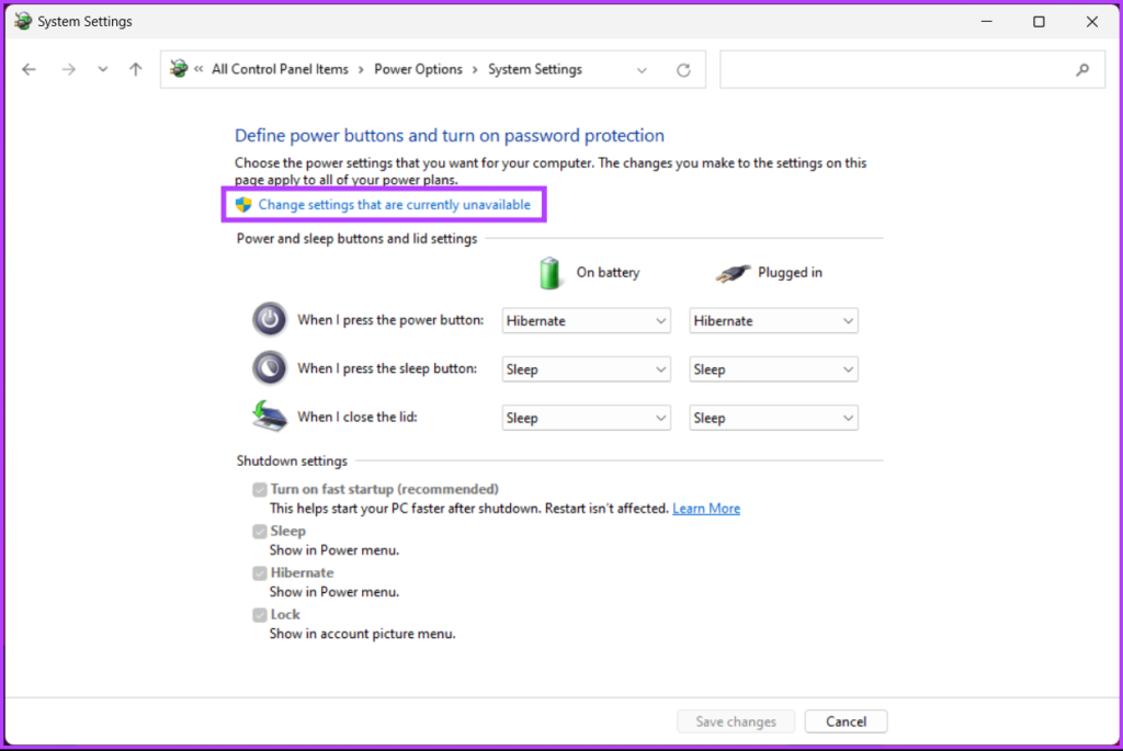 Click ‘Change settings that are currently unavailable.’