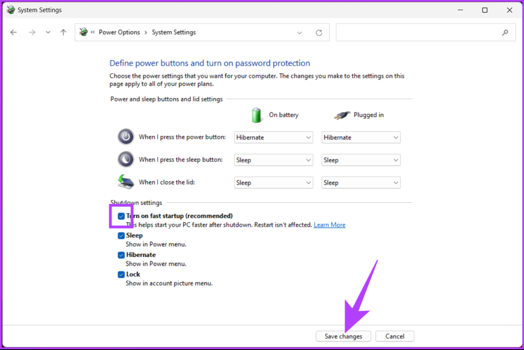 check ‘Turn on fast startup (recommended)’