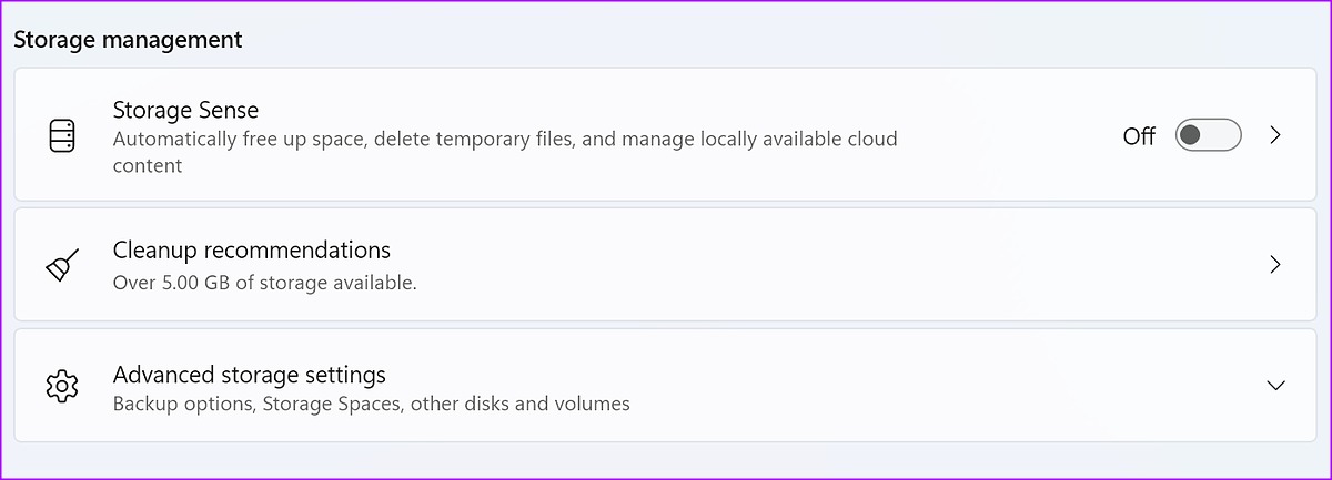 Sentido de almacenamiento en Windows
