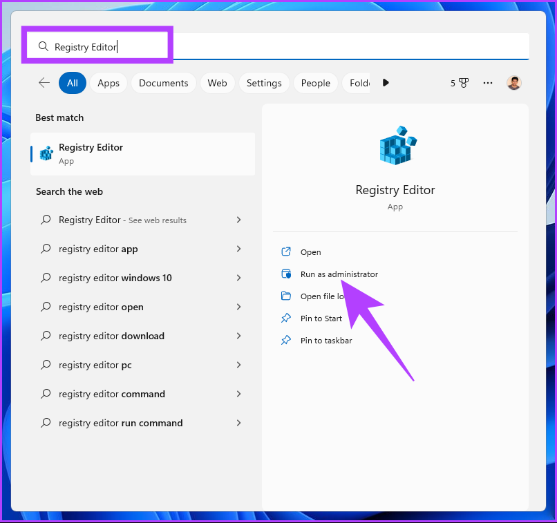 Escriba editor de registro y haga clic en Ejecutar como administrador