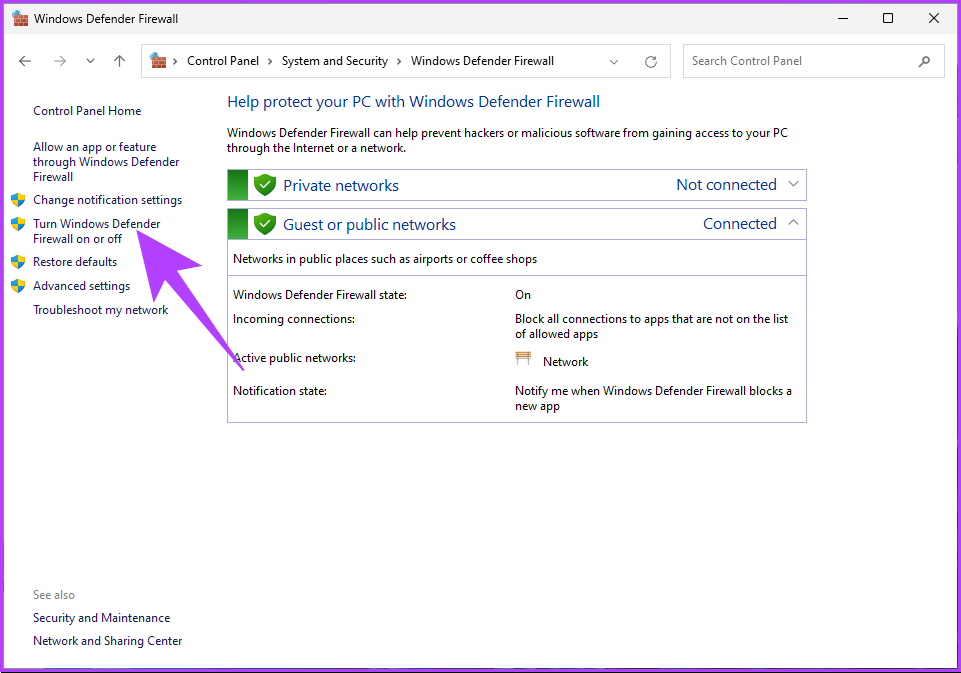 Haga clic en la opción 'Activar o desactivar Firewall de Windows Defender'