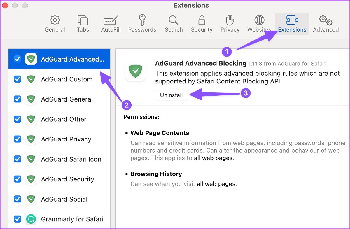 Desinstalar la extensión en Safari