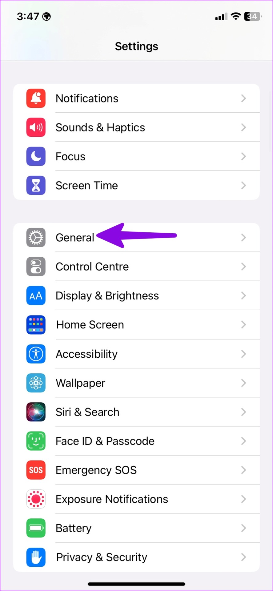 Abre el menú General en el iPhone