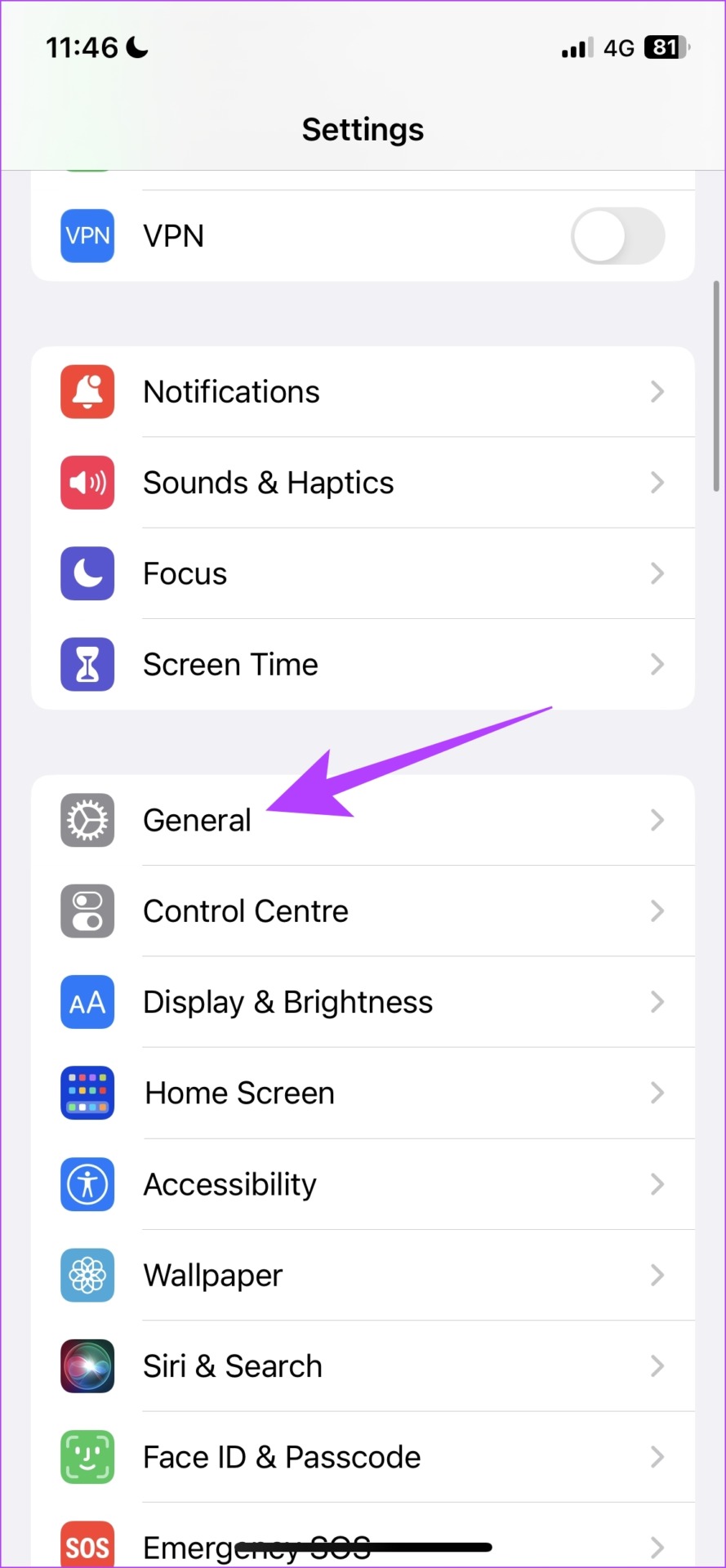 Seleccione General en iPhone