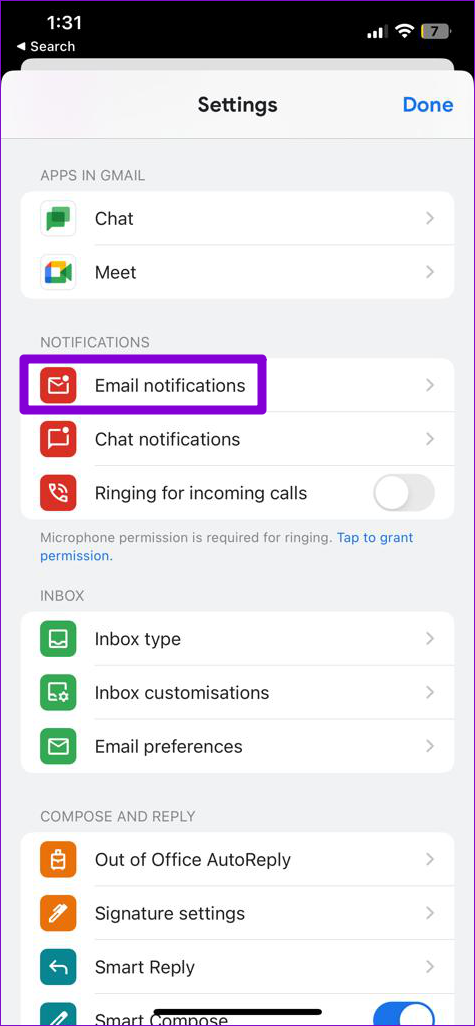 Configuración de notificaciones de correo electrónico de Gmail en iPhone