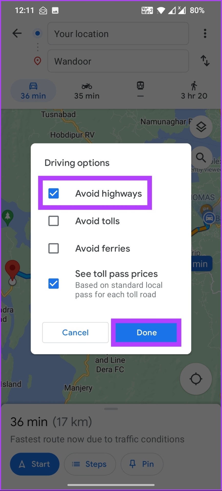 Seleccione Evitar autopistas
