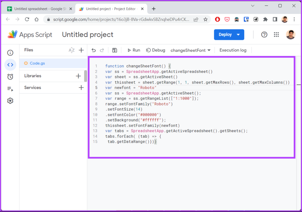 Ingrese el código en el editor de secuencias de comandos