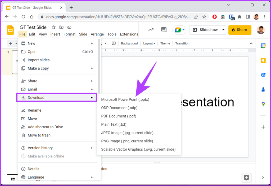 Seleccione Descargas y seleccione Microsoft PowerPoint (.pptx).