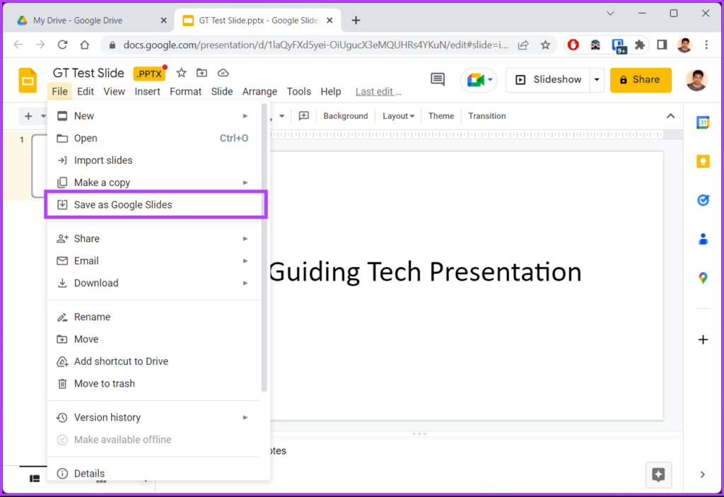 Seleccione 'Guardar como Presentaciones de Google'.