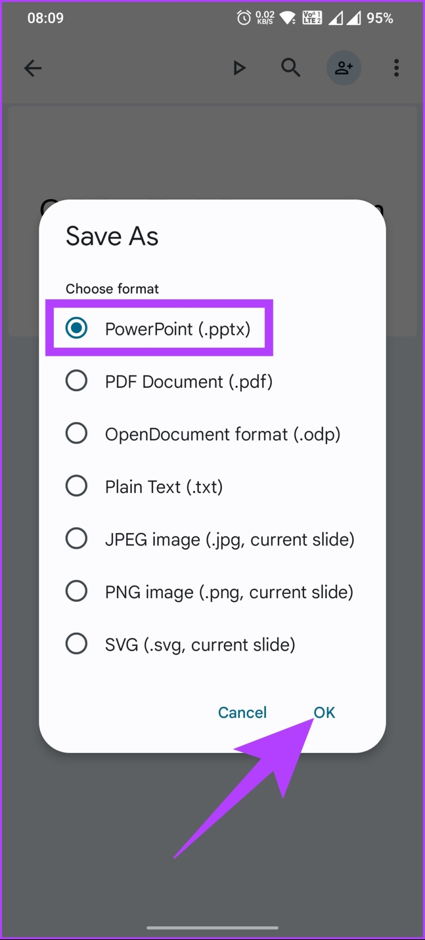 Seleccione PowerPoint (.pptx) y toque Aceptar.