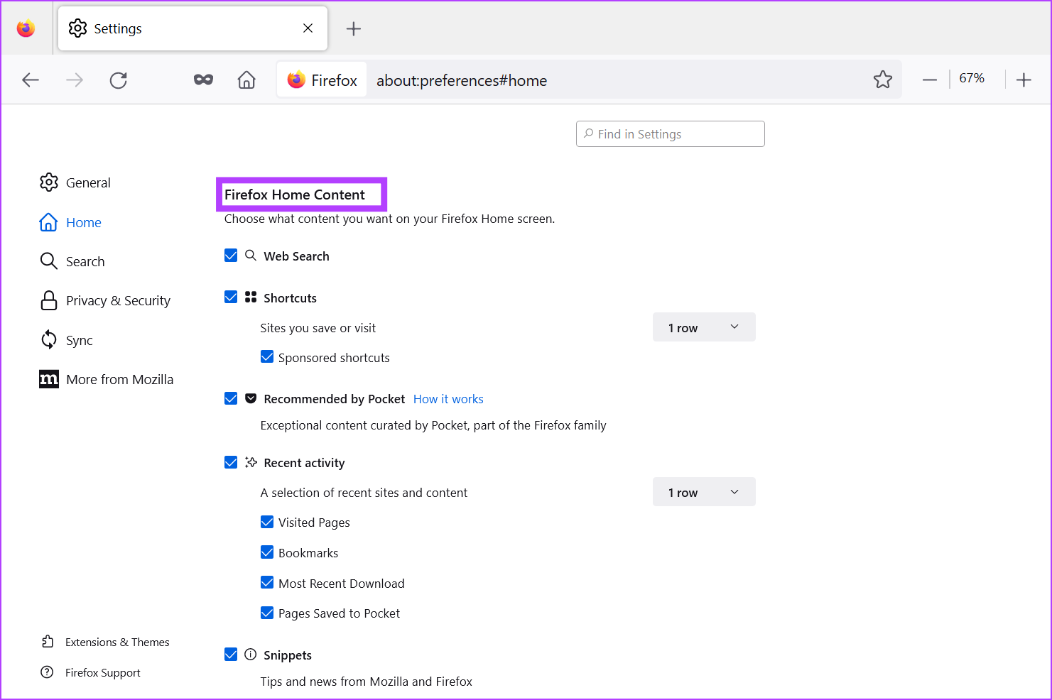 Desplácese hacia abajo hasta la pestaña Contenido de inicio de Firefox