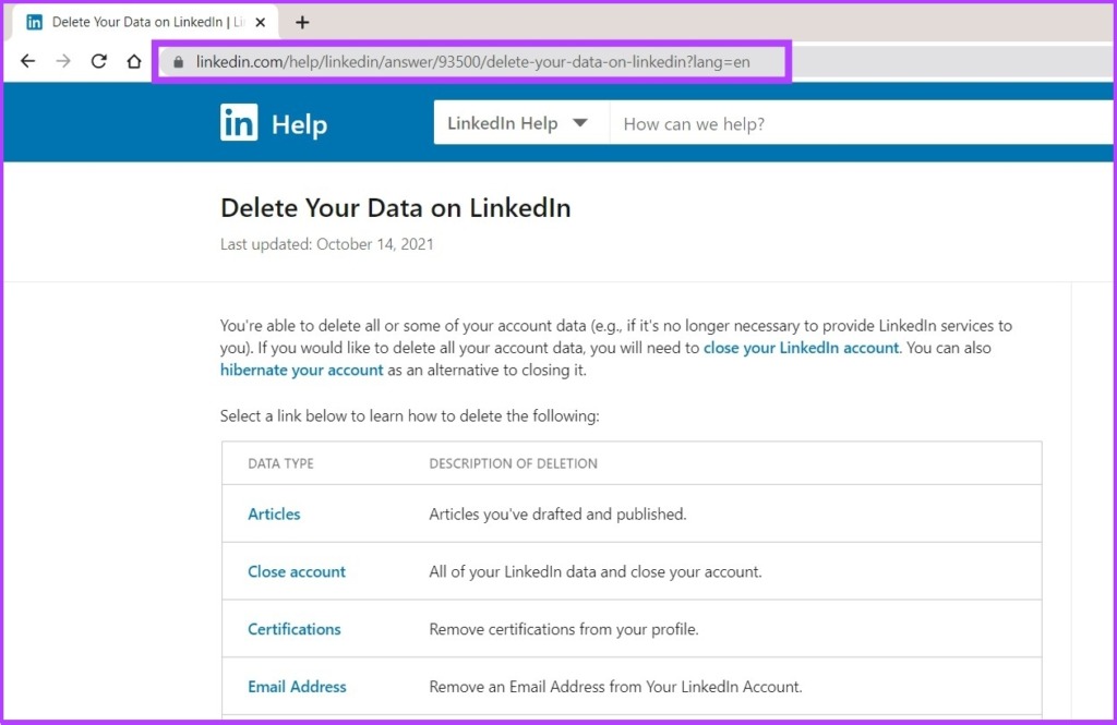 Página de ayuda de LinkedIn