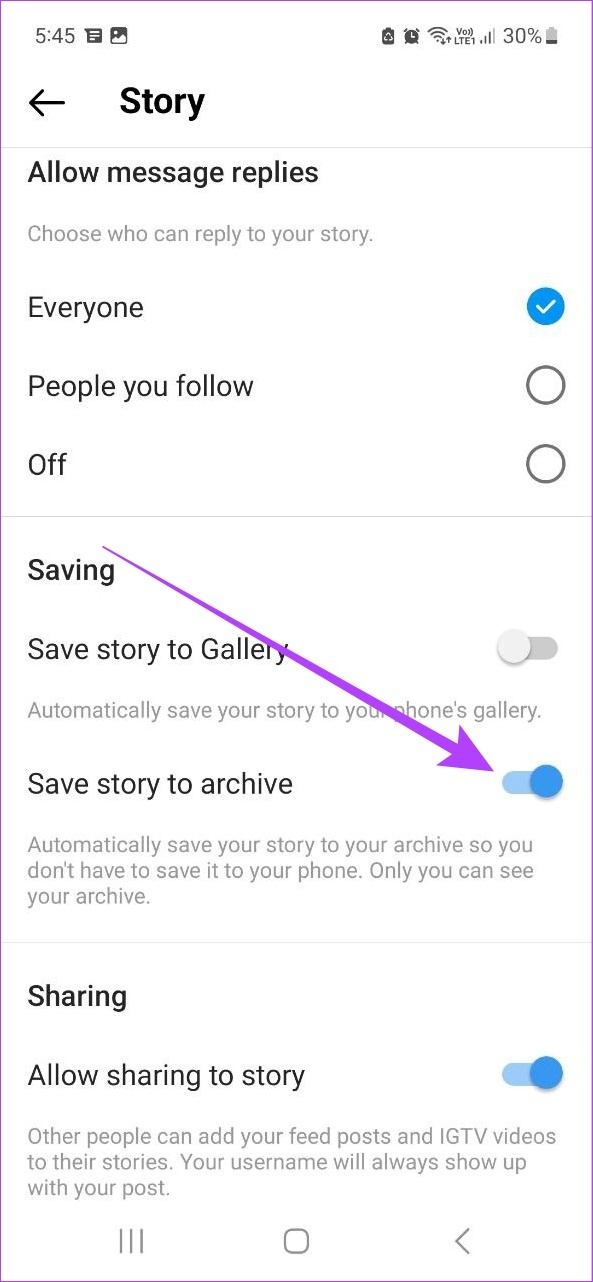 Encienda la palanca para guardar historias en el archivo
