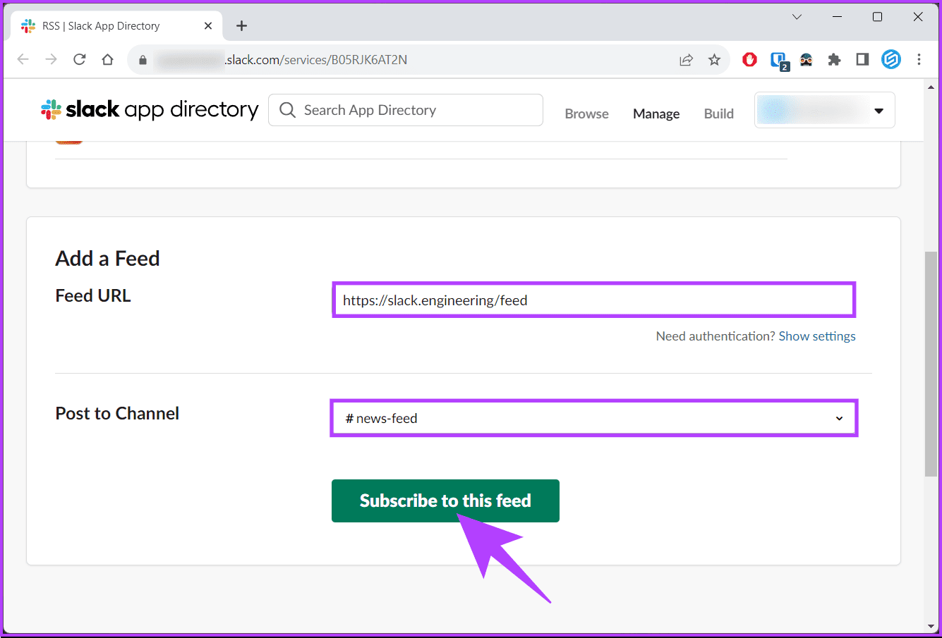 choose the channel you want the feed sent to