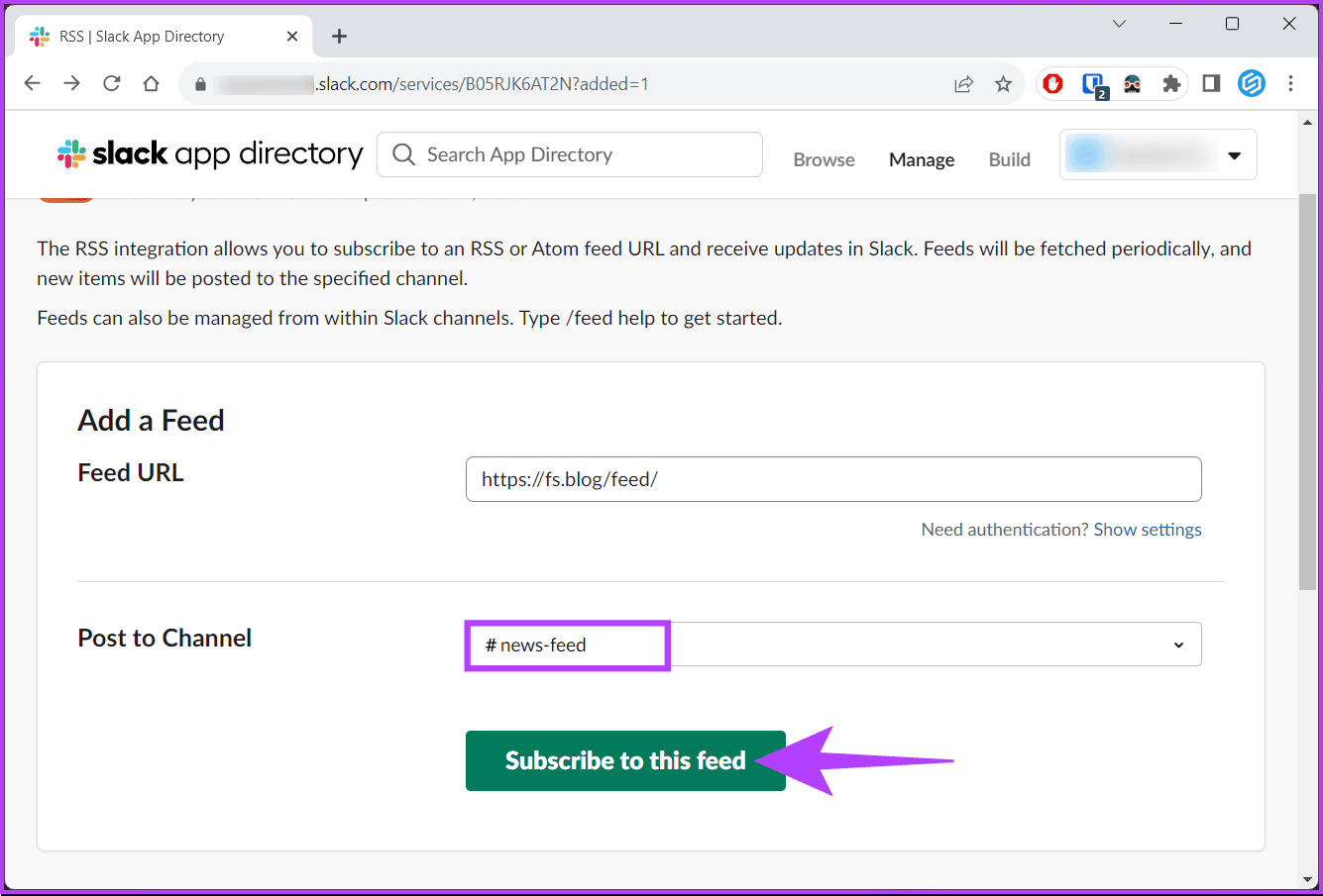 click the green 'Subscribe to this feed' button