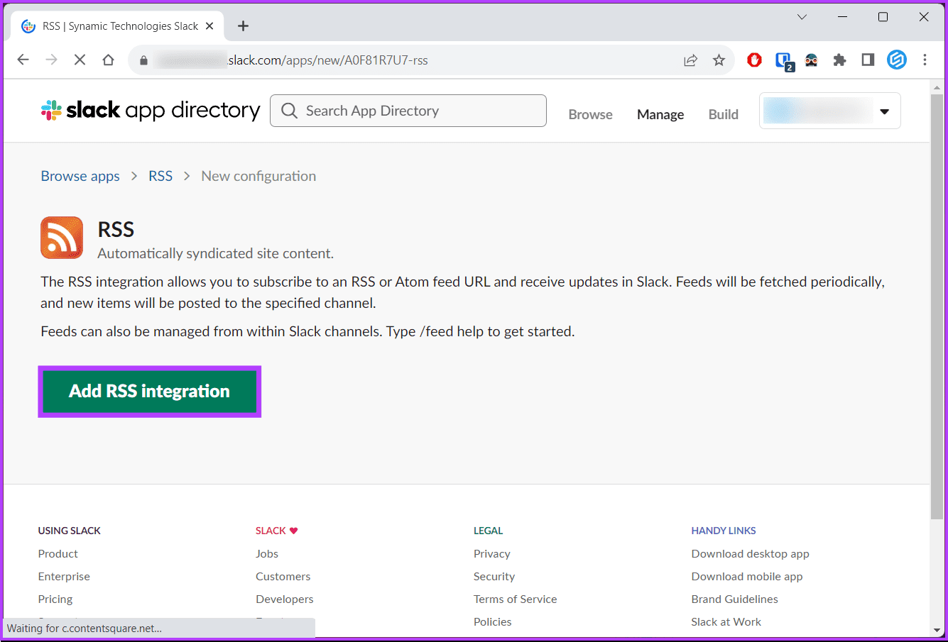 click 'Add RSS integration'
