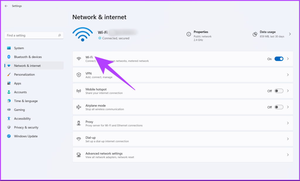 Seleccione WiFi en el panel derecho