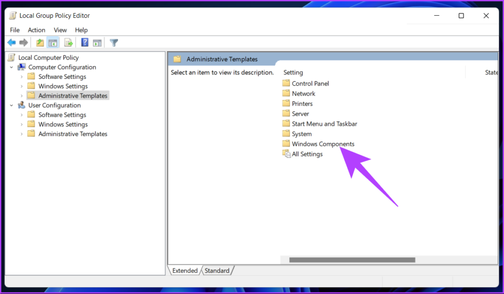 Opciones de componentes de Windows