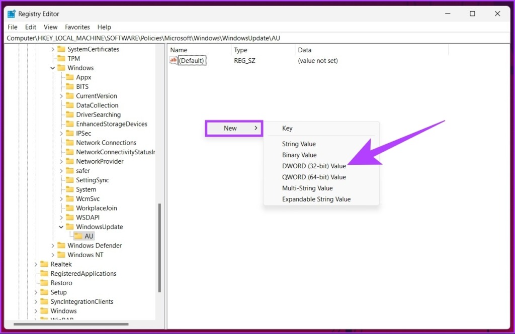 Seleccione el valor DWORD (32 bits)