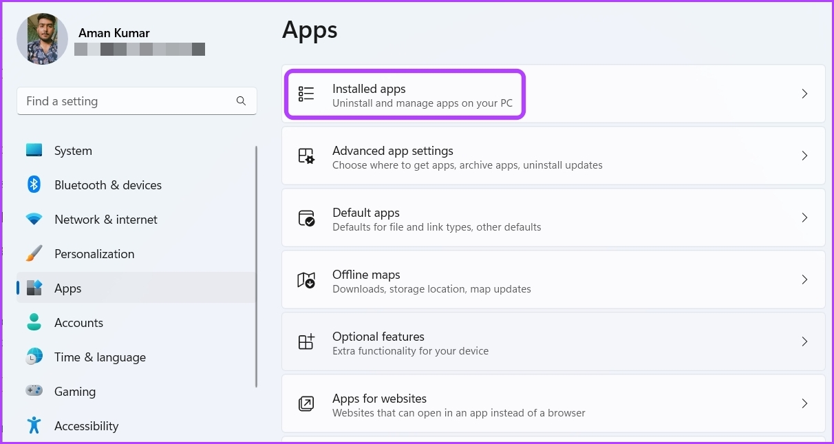Opción de aplicaciones instaladas en la aplicación Configuración
