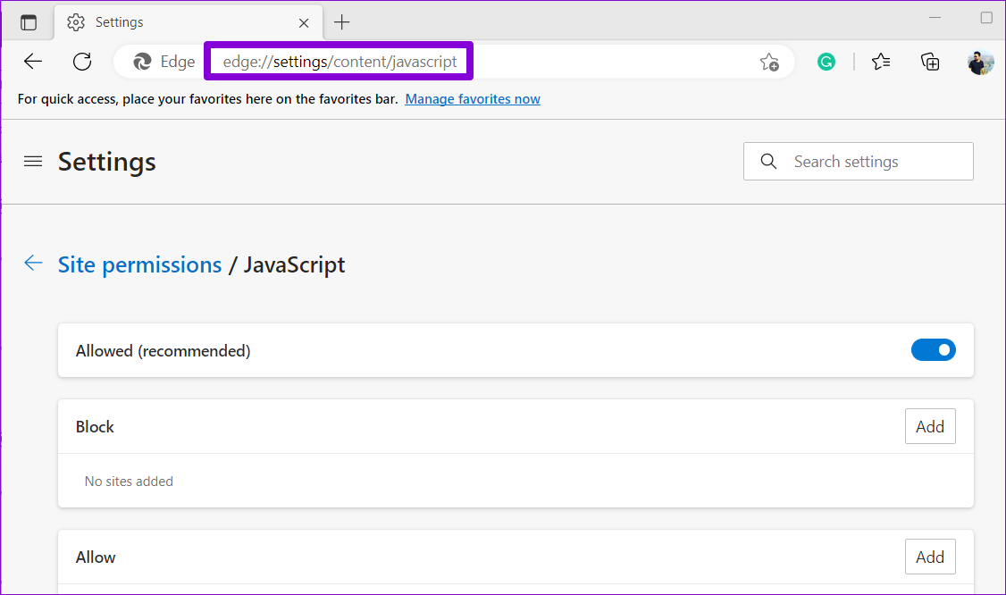 Borde de configuración de JavaScript