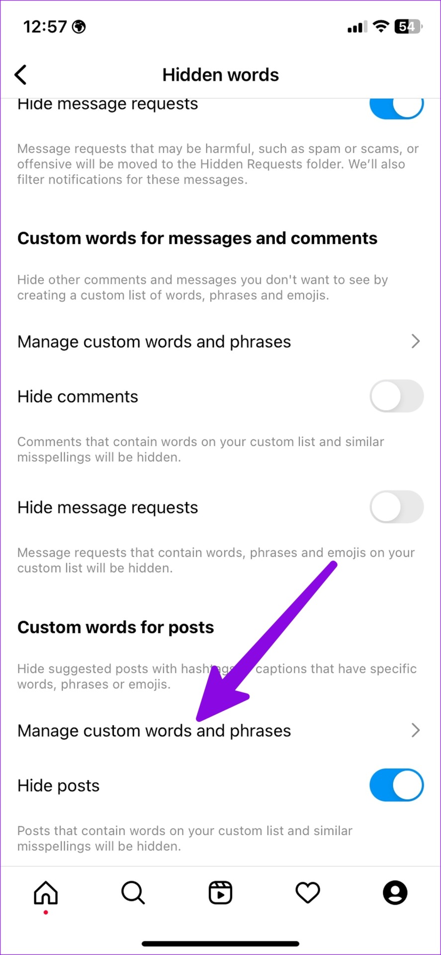 Ocultar palabras personalizadas en Instagram