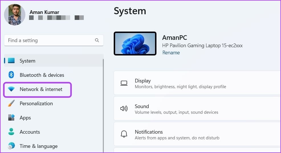 Opciones de red e Internet en la configuración