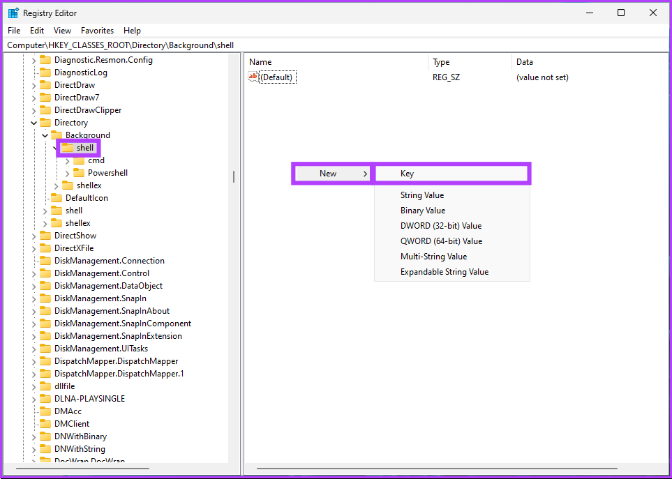 select New, and choose Key