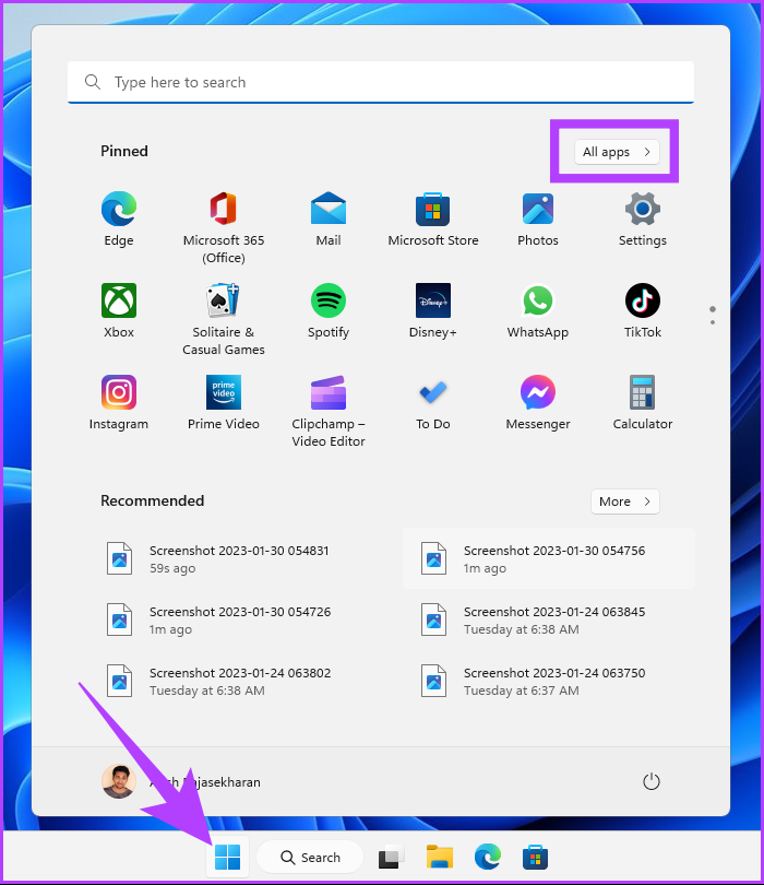 click the Windows icon on the taskbar