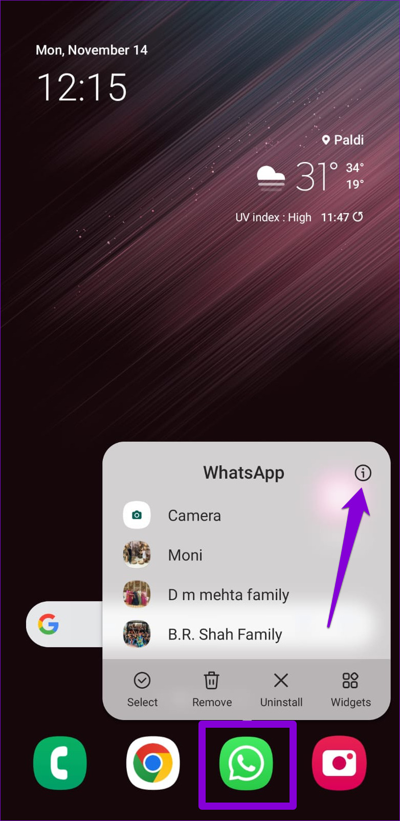 Abrir información de la aplicación WhatsApp