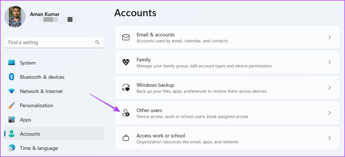 Otros usuarios en el menú Configuración